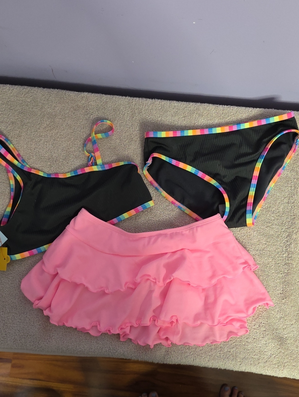 Cat & Jack Black Bikini with Rainbow Trim and Pink Ruffle Skirt‎